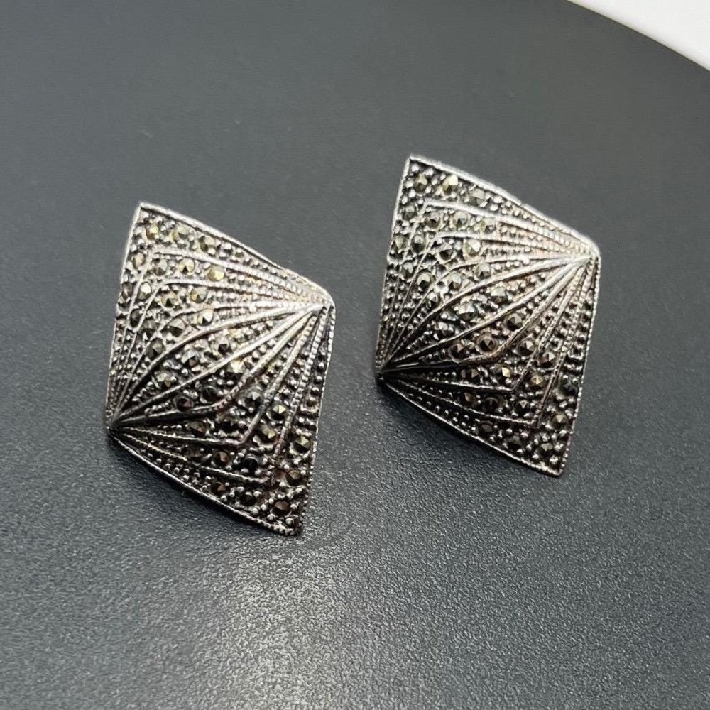 FAS Vintage Art Deco Fan Kite 925 Sterling Silver Marcasite Clip on Earrings